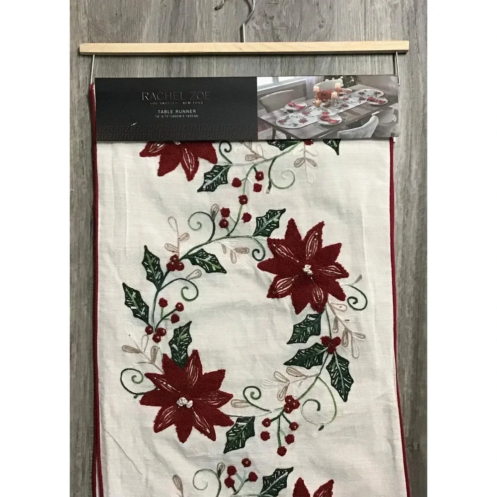 Rachel Zoe Christmas Table Runner Poinsettia Beaded Embroidered 16x72 Holiday